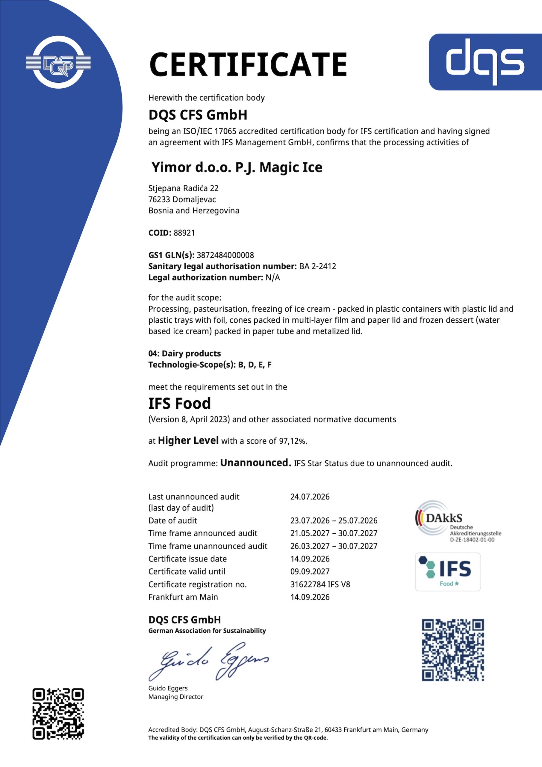 Yimor d.o.o. P.J. Magic Ice - IFS V8 Certifikat 2026.